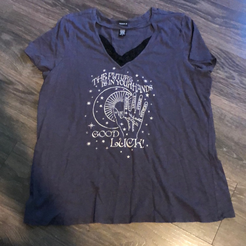 Torrid Size 2 t-shirt with lace v-neck and strap across neckline.